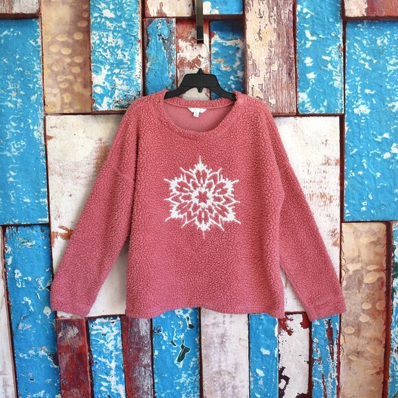 Women's Time & Tru Fuzzy Sherpa Pullover Snowflake Cozy Winter XXLARGE Rose Herb - Picture 1 of 12
